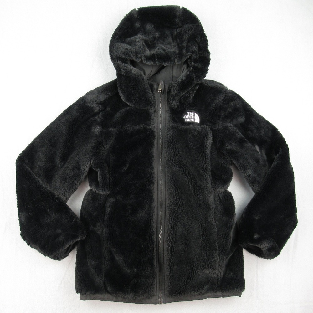 The North Face Hooded Fleece Jacket Puffer Reversible Girls L 12 Black Full Zip